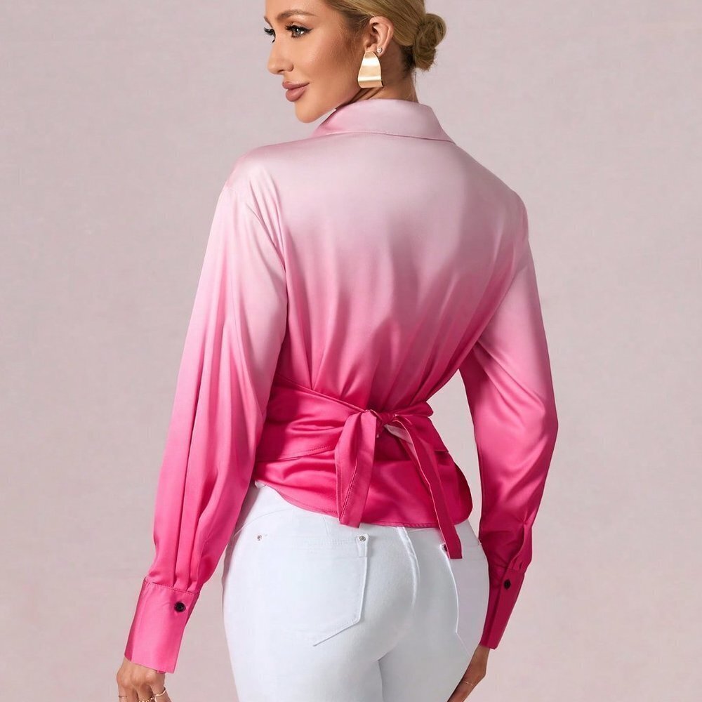 Pink Preppy Womens Solid Wrap Detail Button Front Shirt - Picture 2 of 5